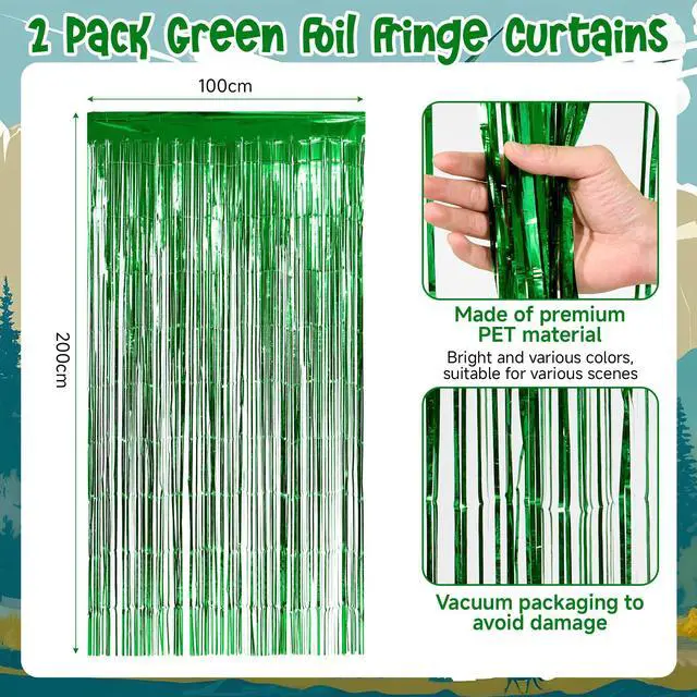 Alt view image 5 of 7 - Dinosaur Banner Birthday Party Decorations Supplies | Dino Park Door Porch Backdrop and Green Foil Fringe Curtains for Kids Jungle Safari Theme Entryway Photoshoot Props