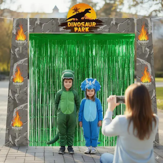 Alt view image 6 of 7 - Dinosaur Banner Birthday Party Decorations Supplies | Dino Park Door Porch Backdrop and Green Foil Fringe Curtains for Kids Jungle Safari Theme Entryway Photoshoot Props