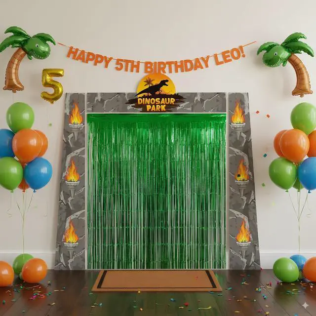 Alt view image 7 of 7 - Dinosaur Banner Birthday Party Decorations Supplies | Dino Park Door Porch Backdrop and Green Foil Fringe Curtains for Kids Jungle Safari Theme Entryway Photoshoot Props