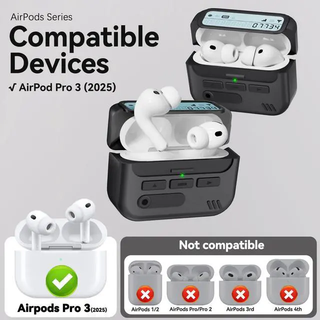 Alt view image 3 of 6 - for AirPods Pro 3 Case 2025 Black,Pager Case with Lock | Sturdy Hard PC Protective Cover for AirPods Pro 3rd Generation Case for Men Women, with Keychain & Cleaner Kit