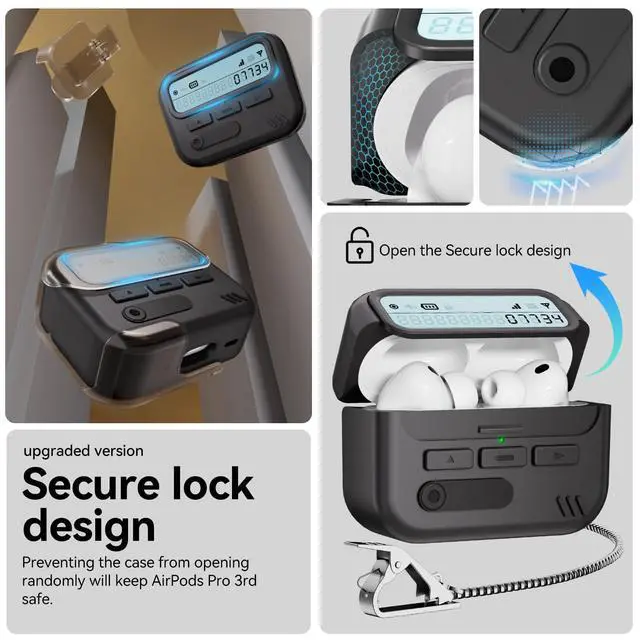 Alt view image 4 of 6 - for AirPods Pro 3 Case 2025 Black,Pager Case with Lock | Sturdy Hard PC Protective Cover for AirPods Pro 3rd Generation Case for Men Women, with Keychain & Cleaner Kit