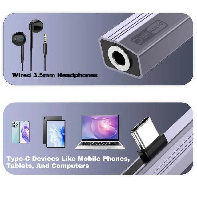 Alt view image 3 of 7 - 2 Pack USB C to 3.5mm Audio Adapter 2-in-1 HiFi DAC 100W PD Fast Charging Headphone Jack Widely Compatible for iPhone 15/15 Pro, iPad Pro, Samsung Galaxy, Gaming, Car Aux Gray