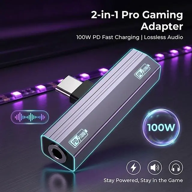 Alt view image 5 of 7 - 2 Pack USB C to 3.5mm Audio Adapter 2-in-1 HiFi DAC 100W PD Fast Charging Headphone Jack Widely Compatible for iPhone 15/15 Pro, iPad Pro, Samsung Galaxy, Gaming, Car Aux Gray