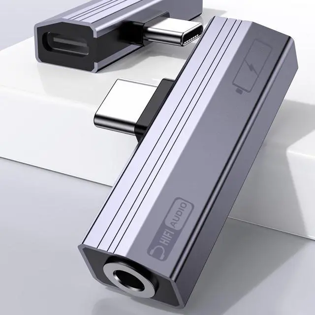 Alt view image 6 of 7 - 2 Pack USB C to 3.5mm Audio Adapter 2-in-1 HiFi DAC 100W PD Fast Charging Headphone Jack Widely Compatible for iPhone 15/15 Pro, iPad Pro, Samsung Galaxy, Gaming, Car Aux Gray