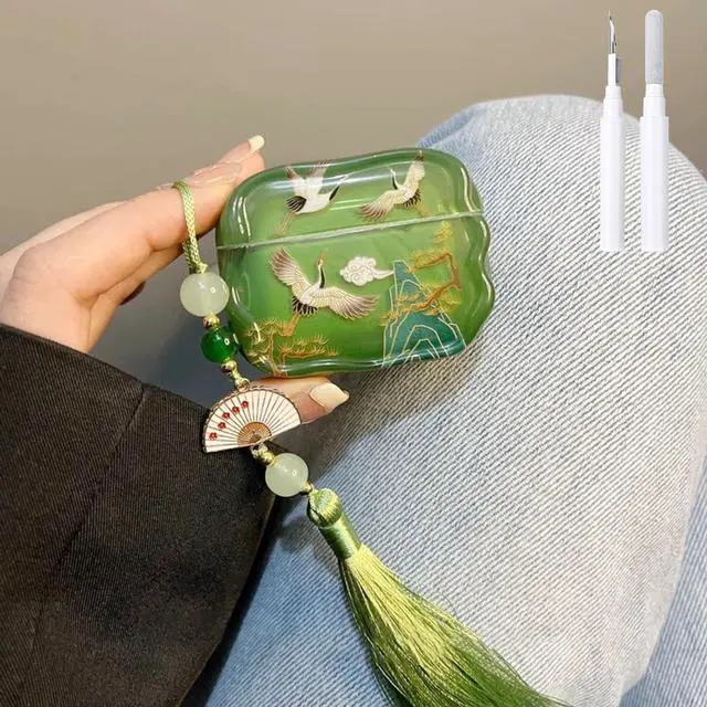 Main image of Compatible with AirPods Pro 3 Case Soft with Cleaner Kit Keychain Cute Lucky Elegant Crane Cover for Girls Women Airpods Pro 3rd Generation(2025) -Green