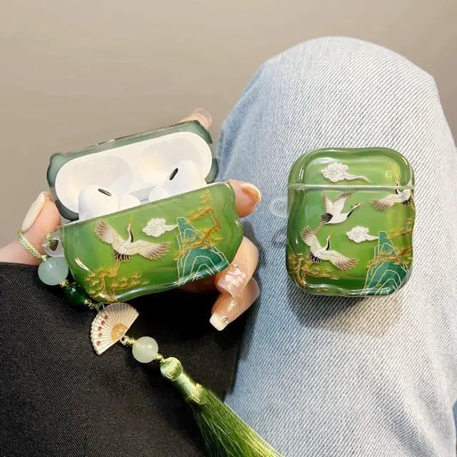 Alt view image 2 of 7 - Compatible with AirPods Pro 3 Case Soft with Cleaner Kit Keychain Cute Lucky Elegant Crane Cover for Girls Women Airpods Pro 3rd Generation(2025) -Green