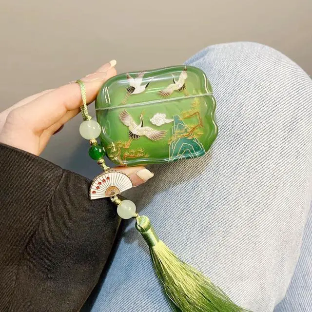 Alt view image 3 of 7 - Compatible with AirPods Pro 3 Case Soft with Cleaner Kit Keychain Cute Lucky Elegant Crane Cover for Girls Women Airpods Pro 3rd Generation(2025) -Green