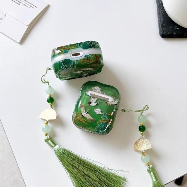 Alt view image 7 of 7 - Compatible with AirPods Pro 3 Case Soft with Cleaner Kit Keychain Cute Lucky Elegant Crane Cover for Girls Women Airpods Pro 3rd Generation(2025) -Green