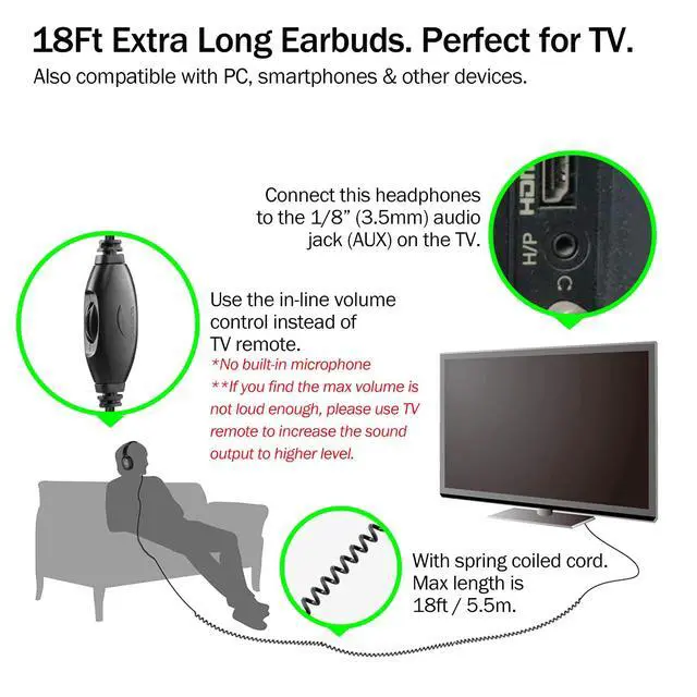 Alt view image 2 of 7 - 18Ft Extra Long Cord Headphones for TV Watching & PC with Volume Control | Over Ear Stereo Headset with 5.5M Extension Spring Coiled Cord, Universal 3.5mm AUX Audio, Ideal Gift for Parents & Seniors