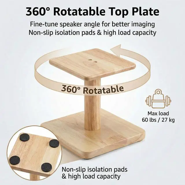 Alt view image 3 of 7 - Desktop Speaker Stands Made of Pure Solid Wood, Natural Style, 360° Rotatable Top Plate, Suitable for Medium/Large Tabletop Speakers and Studio Monitors (Natural Oak_DSS7(7 inch))
