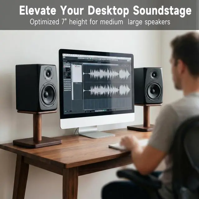 Alt view image 2 of 7 - Desktop Speaker Stands Made of Pure Solid Wood, Natural Style, 360° Rotatable Top Plate, Suitable for Medium/Large Tabletop Speakers and Studio Monitors (Natural Oak_DSS7(7 inch))