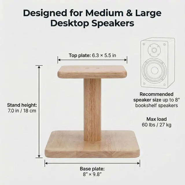 Alt view image 5 of 7 - Desktop Speaker Stands Made of Pure Solid Wood, Natural Style, 360° Rotatable Top Plate, Suitable for Medium/Large Tabletop Speakers and Studio Monitors (Natural Oak_DSS7(7 inch))