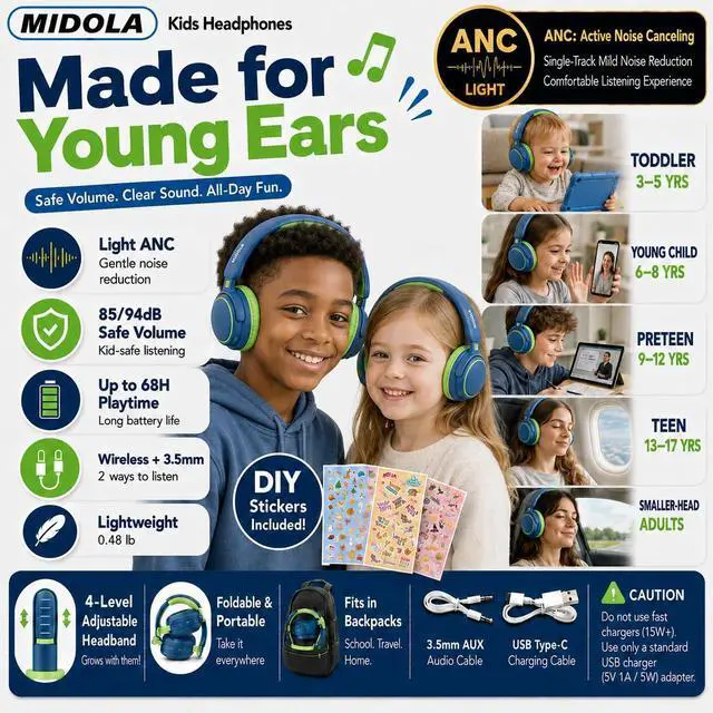 Alt view image 2 of 7 - Kids Bluetooth Headphones Wireless,ANC, 68H,Safe Volume Limit 85/94dB | Active Noise Cancelling,Adjustable Headband Foldable Over-Ear for Toddler Girls Boys Tablet/iPad,HD Stereo,Built-in Mic,Green