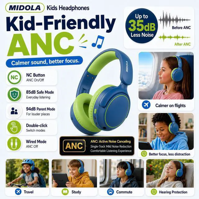 Alt view image 3 of 7 - Kids Bluetooth Headphones Wireless,ANC, 68H,Safe Volume Limit 85/94dB | Active Noise Cancelling,Adjustable Headband Foldable Over-Ear for Toddler Girls Boys Tablet/iPad,HD Stereo,Built-in Mic,Green