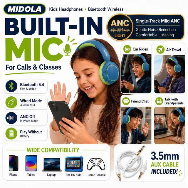 Alt view image 4 of 7 - Kids Bluetooth Headphones Wireless,ANC, 68H,Safe Volume Limit 85/94dB | Active Noise Cancelling,Adjustable Headband Foldable Over-Ear for Toddler Girls Boys Tablet/iPad,HD Stereo,Built-in Mic,Green
