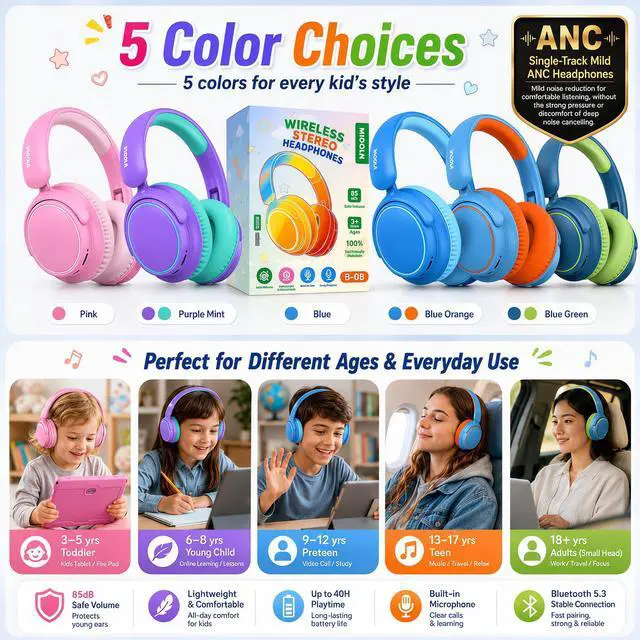 Alt view image 6 of 7 - Kids Bluetooth Headphones Wireless,ANC, 68H,Safe Volume Limit 85/94dB | Active Noise Cancelling,Adjustable Headband Foldable Over-Ear for Toddler Girls Boys Tablet/iPad,HD Stereo,Built-in Mic,Green