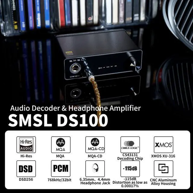 Alt view image 2 of 7 - SMSL DS100 MQA DAC Headphone Amplifier CS43131 Chip Mini Stereo Audio DAC | Support MQA MQA-CD USB Optical Coaxial Input 6.35mm & 4.4mm Headphone XU316 768kHz/32Bit DSD256 For Home Audio/PC/Phone