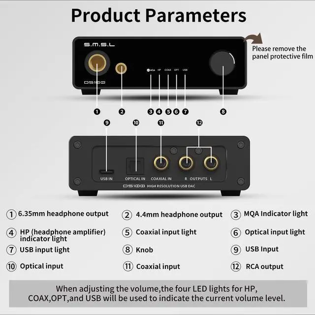 Alt view image 3 of 7 - SMSL DS100 MQA DAC Headphone Amplifier CS43131 Chip Mini Stereo Audio DAC | Support MQA MQA-CD USB Optical Coaxial Input 6.35mm & 4.4mm Headphone XU316 768kHz/32Bit DSD256 For Home Audio/PC/Phone