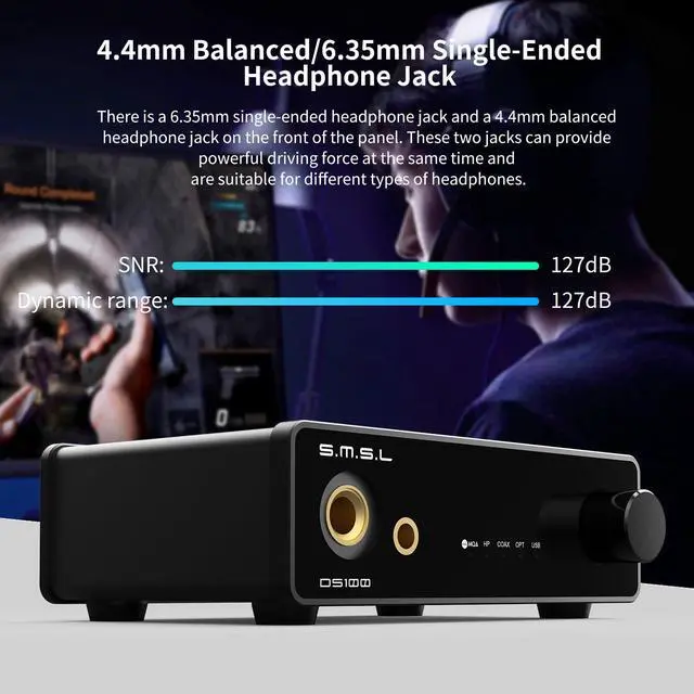 Alt view image 5 of 7 - SMSL DS100 MQA DAC Headphone Amplifier CS43131 Chip Mini Stereo Audio DAC | Support MQA MQA-CD USB Optical Coaxial Input 6.35mm & 4.4mm Headphone XU316 768kHz/32Bit DSD256 For Home Audio/PC/Phone