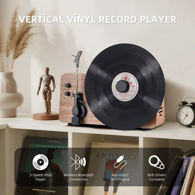 Alt view image 2 of 7 - Elegant Vintage Bluetooth Record Player with Built-in Speakers, 3-Speed Turntable, Classic Wood Vinyl Player for Living Room, Bedroom, Home Décor and Gift Giving