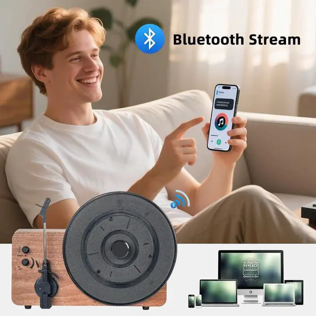 Alt view image 3 of 7 - Elegant Vintage Bluetooth Record Player with Built-in Speakers, 3-Speed Turntable, Classic Wood Vinyl Player for Living Room, Bedroom, Home Décor and Gift Giving