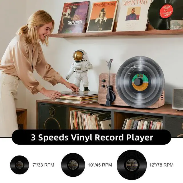 Alt view image 5 of 7 - Elegant Vintage Bluetooth Record Player with Built-in Speakers, 3-Speed Turntable, Classic Wood Vinyl Player for Living Room, Bedroom, Home Décor and Gift Giving