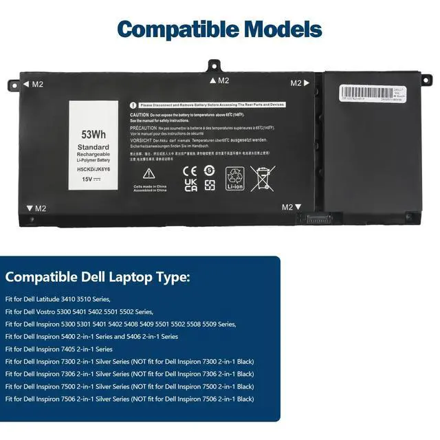 Alt view image 6 of 7 - 15V H5CKD Battery for Dell Inspiron 7506 7405 7306 7300 7500 | Battery Replacement for 5406 5400 5502 5501 5402 5401 5505 5300 5301 5508 5509 Latitude 3410 3510 Vostro p102f p126g 7T8CD