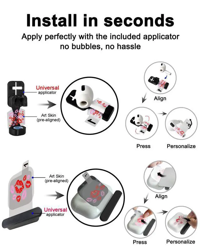 Alt view image 4 of 7 - for AirPods Sticker Skin Set, Earbud + Charging Case Wrap Decals, Applicator Included + Spare, Fits AirPods 1/2/3/4 & Pro/Pro 2/Pro 3 Dripping Skull
