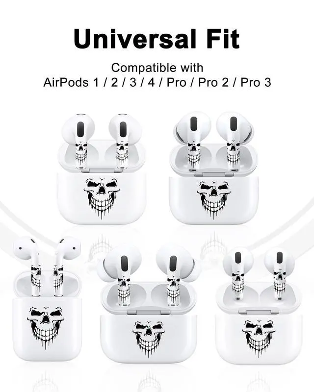 Alt view image 5 of 7 - for AirPods Sticker Skin Set, Earbud + Charging Case Wrap Decals, Applicator Included + Spare, Fits AirPods 1/2/3/4 & Pro/Pro 2/Pro 3 Dripping Skull