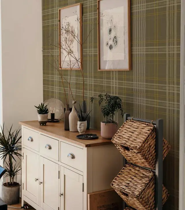 Alt view image 3 of 6 - Peel and Stick Wallpaper Check Plaid Olive Green - Classic Self Adhesive Waterproof Vinyl Wallpaper for Modern Farmhouse Decor for Entryway Hallway Bedroom Accent Walls 17.3" X 118.11"