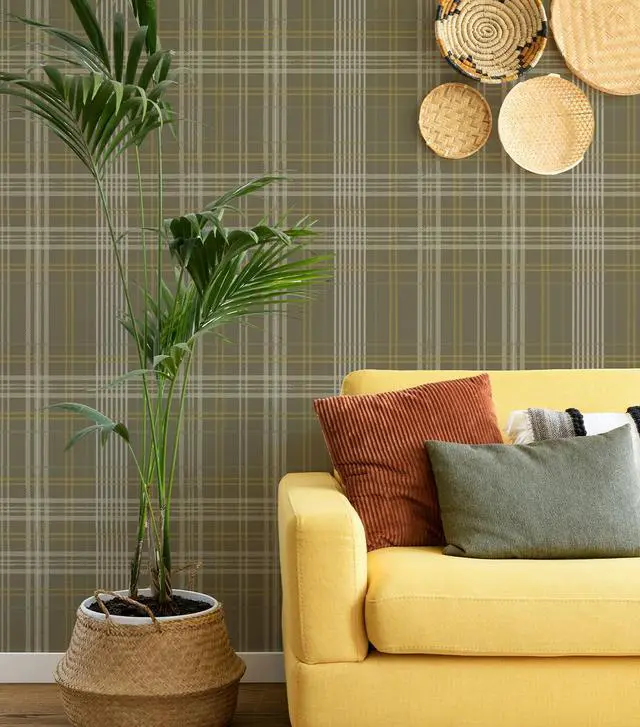 Alt view image 2 of 6 - Peel and Stick Wallpaper Check Plaid Olive Green - Classic Self Adhesive Waterproof Vinyl Wallpaper for Modern Farmhouse Decor for Entryway Hallway Bedroom Accent Walls 17.3" X 118.11"