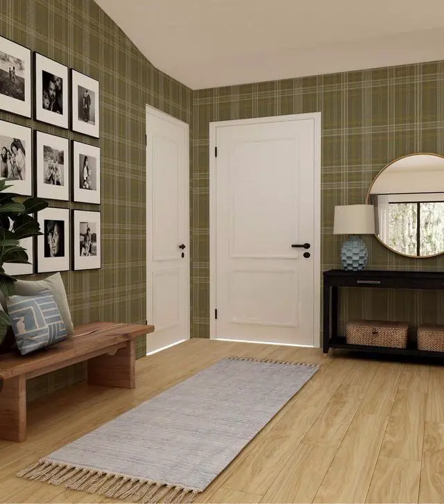 Alt view image 4 of 6 - Peel and Stick Wallpaper Check Plaid Olive Green - Classic Self Adhesive Waterproof Vinyl Wallpaper for Modern Farmhouse Decor for Entryway Hallway Bedroom Accent Walls 17.3" X 118.11"