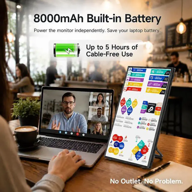 Alt view image 3 of 6 - Wireless Portable Monitor 15.6", 8000mAh Battery, 1080P FHD IPS | 4H Runtime, 360° Rotating Stand, AirPlay & Miracast, USB-C & HDMI, VESA, Carry Bag, Wired/Wireless for MacBook, Laptop, Phone