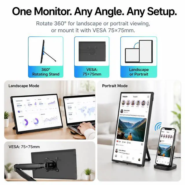Alt view image 4 of 6 - Wireless Portable Monitor 15.6", 8000mAh Battery, 1080P FHD IPS | 4H Runtime, 360° Rotating Stand, AirPlay & Miracast, USB-C & HDMI, VESA, Carry Bag, Wired/Wireless for MacBook, Laptop, Phone