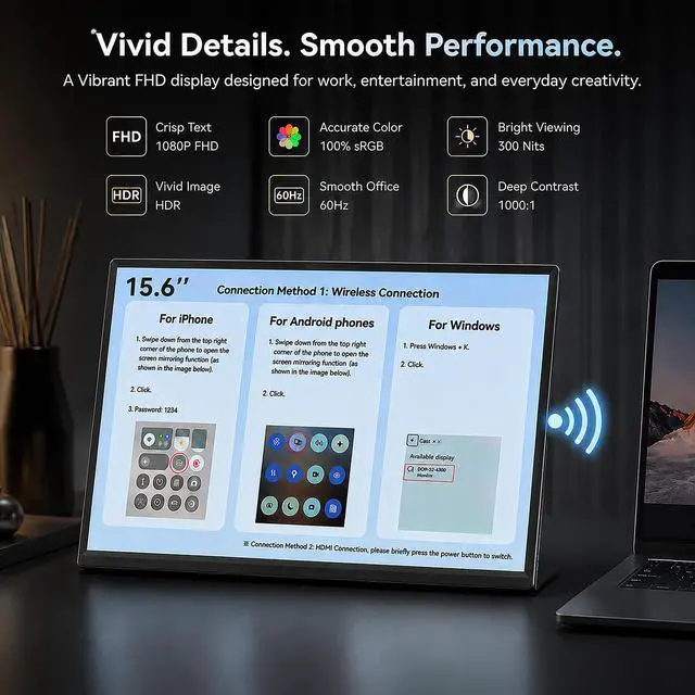 Alt view image 6 of 6 - Wireless Portable Monitor 15.6", 8000mAh Battery, 1080P FHD IPS | 4H Runtime, 360° Rotating Stand, AirPlay & Miracast, USB-C & HDMI, VESA, Carry Bag, Wired/Wireless for MacBook, Laptop, Phone