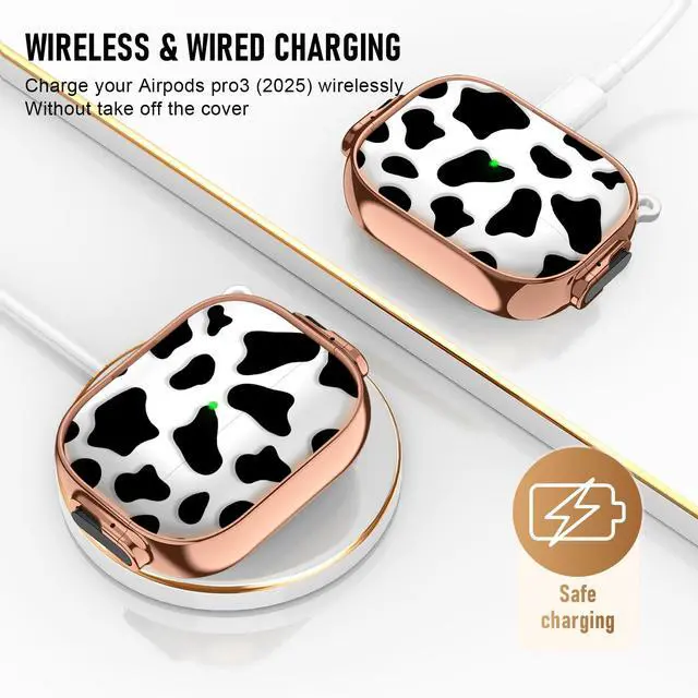 Alt view image 2 of 7 - for Apple Airpods Pro 3 case(2025) with Safety Lock,Compatible Airpods Pro 3rd Generation case Cover,for Cute AirPods Pro Case for Women Girly with Keychain-Black Cow