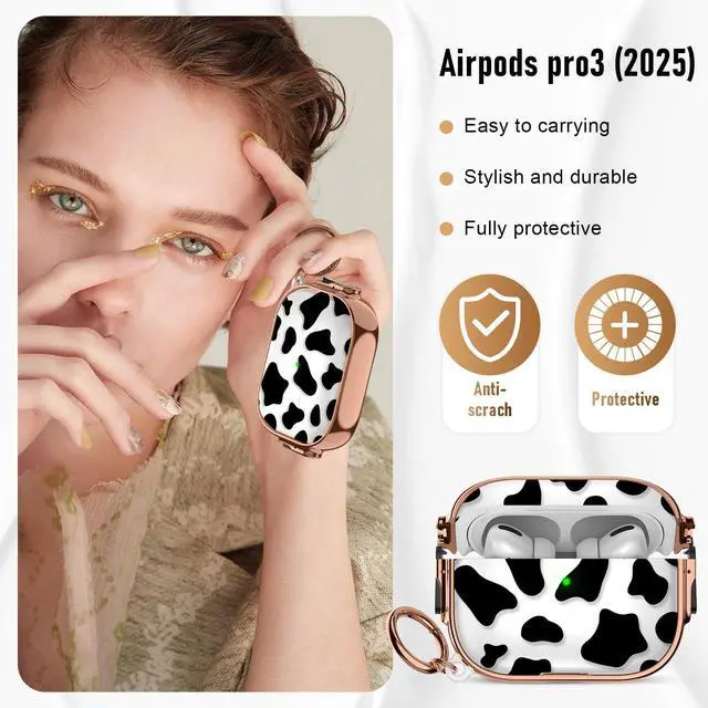 Alt view image 4 of 7 - for Apple Airpods Pro 3 case(2025) with Safety Lock,Compatible Airpods Pro 3rd Generation case Cover,for Cute AirPods Pro Case for Women Girly with Keychain-Black Cow
