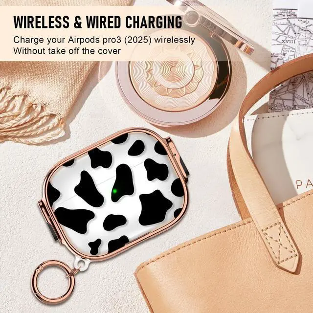Alt view image 6 of 7 - for Apple Airpods Pro 3 case(2025) with Safety Lock,Compatible Airpods Pro 3rd Generation case Cover,for Cute AirPods Pro Case for Women Girly with Keychain-Black Cow