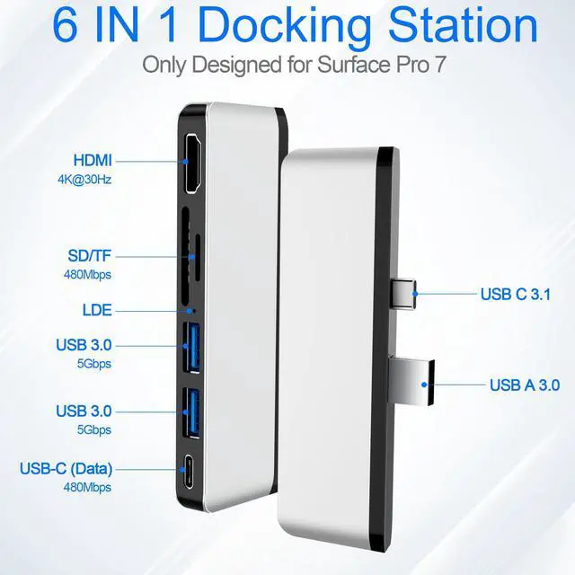 Alt view image 2 of 6 - Surface Pro 7 Docking Station, 6-in-2 Hub with 4K HDMI, USB-C Audio & Data, 2 USB 3.0, TF/SD Card Slot, For Surface Pro 7