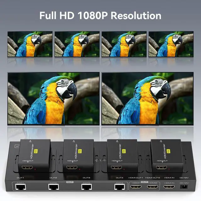 Alt view image 4 of 7 - HDMI Extender Splitter 1x4 HDMI Over Ethernet Splitter 1080P Up to 165ft with EDID, POC, 2 HDMI Loop Out Black