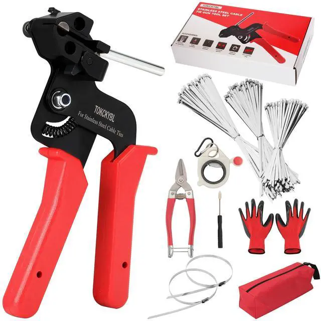Main image of Stainless Steel Cable Tie Gun Set Heavy Duty Metal Zip Tie Tool Kit with 150PCS Self-Locking Ties, Adjustable Fastening & Cutting Tool for Outdoor Fencing, Exhaust Pipes(Red)