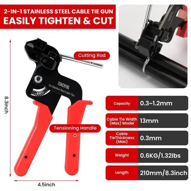 Alt view image 2 of 7 - Stainless Steel Cable Tie Gun Set Heavy Duty Metal Zip Tie Tool Kit with 150PCS Self-Locking Ties, Adjustable Fastening & Cutting Tool for Outdoor Fencing, Exhaust Pipes(Red)