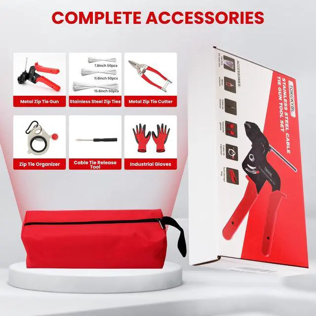 Alt view image 6 of 7 - Stainless Steel Cable Tie Gun Set Heavy Duty Metal Zip Tie Tool Kit with 150PCS Self-Locking Ties, Adjustable Fastening & Cutting Tool for Outdoor Fencing, Exhaust Pipes(Red)