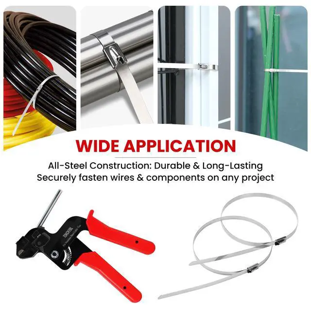 Alt view image 7 of 7 - Stainless Steel Cable Tie Gun Set Heavy Duty Metal Zip Tie Tool Kit with 150PCS Self-Locking Ties, Adjustable Fastening & Cutting Tool for Outdoor Fencing, Exhaust Pipes(Red)