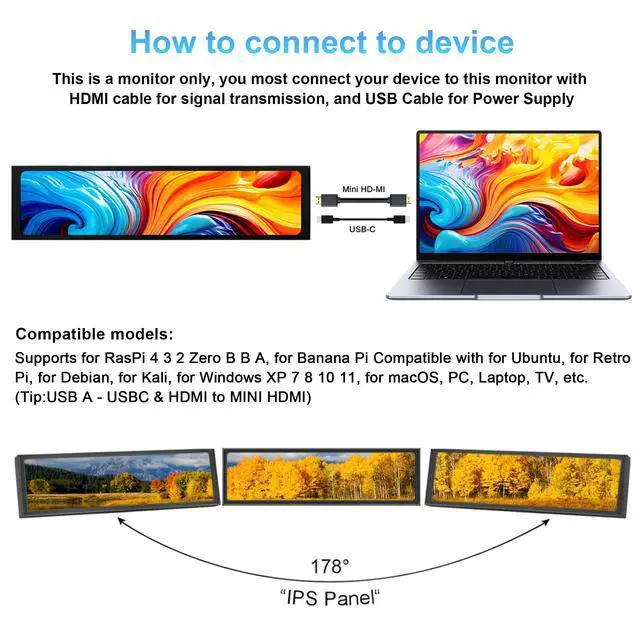 Alt view image 5 of 7 - 11.3 Inch Mini Monitor - FHD IPS1920x440 LCD Display, Computer Secondary Screen, CPU GPU Temp Monitors with Casing for Windows macOS Aida64 Monitor
