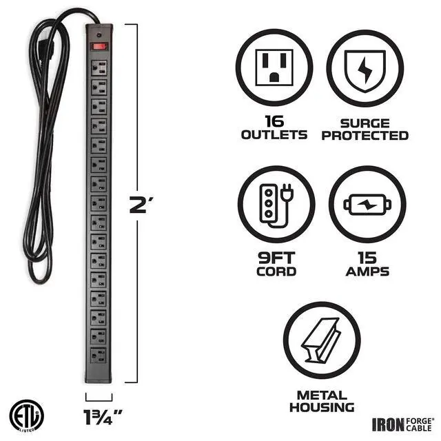Alt view image 2 of 6 - 16 Outlet Metal Surge Protector Power Strip, 9 Ft | 16 Grounded Outlets, Metal Housing - For Home, Office & Workshop