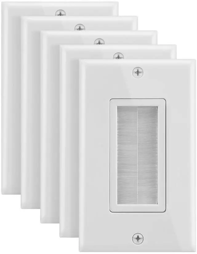 Main image of 1-Gang Brush Style Passthrough Low Voltage Wall Plate - 5 Pack | Single Gang In-Wall Installation Faceplate Insert for Speaker Wires, Coaxial Cables, HDMI, or Network Phone Cord Routing