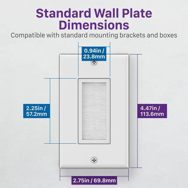 Alt view image 2 of 7 - 1-Gang Brush Style Passthrough Low Voltage Wall Plate - 5 Pack | Single Gang In-Wall Installation Faceplate Insert for Speaker Wires, Coaxial Cables, HDMI, or Network Phone Cord Routing