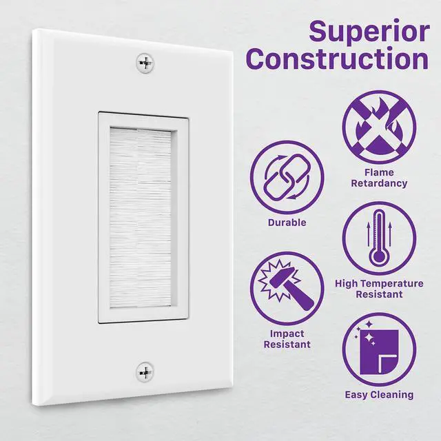 Alt view image 7 of 7 - 1-Gang Brush Style Passthrough Low Voltage Wall Plate - 5 Pack | Single Gang In-Wall Installation Faceplate Insert for Speaker Wires, Coaxial Cables, HDMI, or Network Phone Cord Routing
