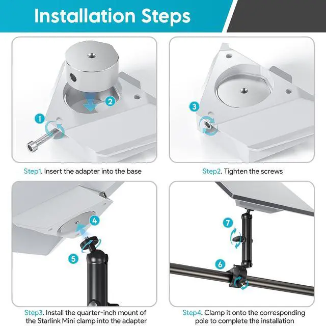 Alt view image 4 of 7 - ® Clamp Mount for Starlink Mini and Starlink Mini X | Adjustable Aluminum Pole Bracket,1/4" & 3/8" Threads, 0.6"-1.57" Clamp, Tool-Free Setup for RV, Roof Rack, Boat & Pipe